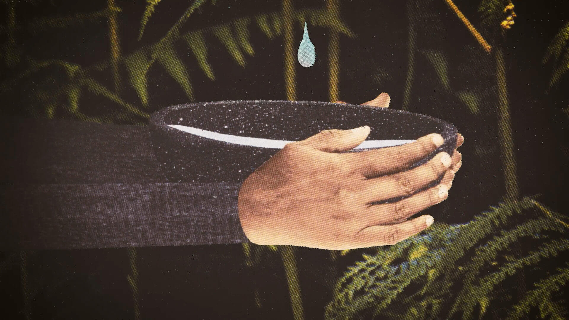 Ilustración de textura artesanal, con manos recogiendo agua en un cuenco rodeado de vegetación.