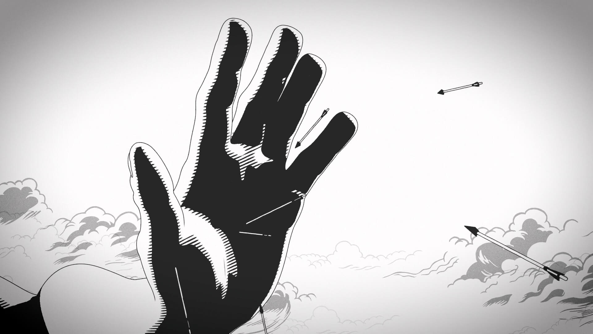 Ilustración en blanco y negro de estilo gráfico, con una mano gigante y flechas emergiendo entre nubes.