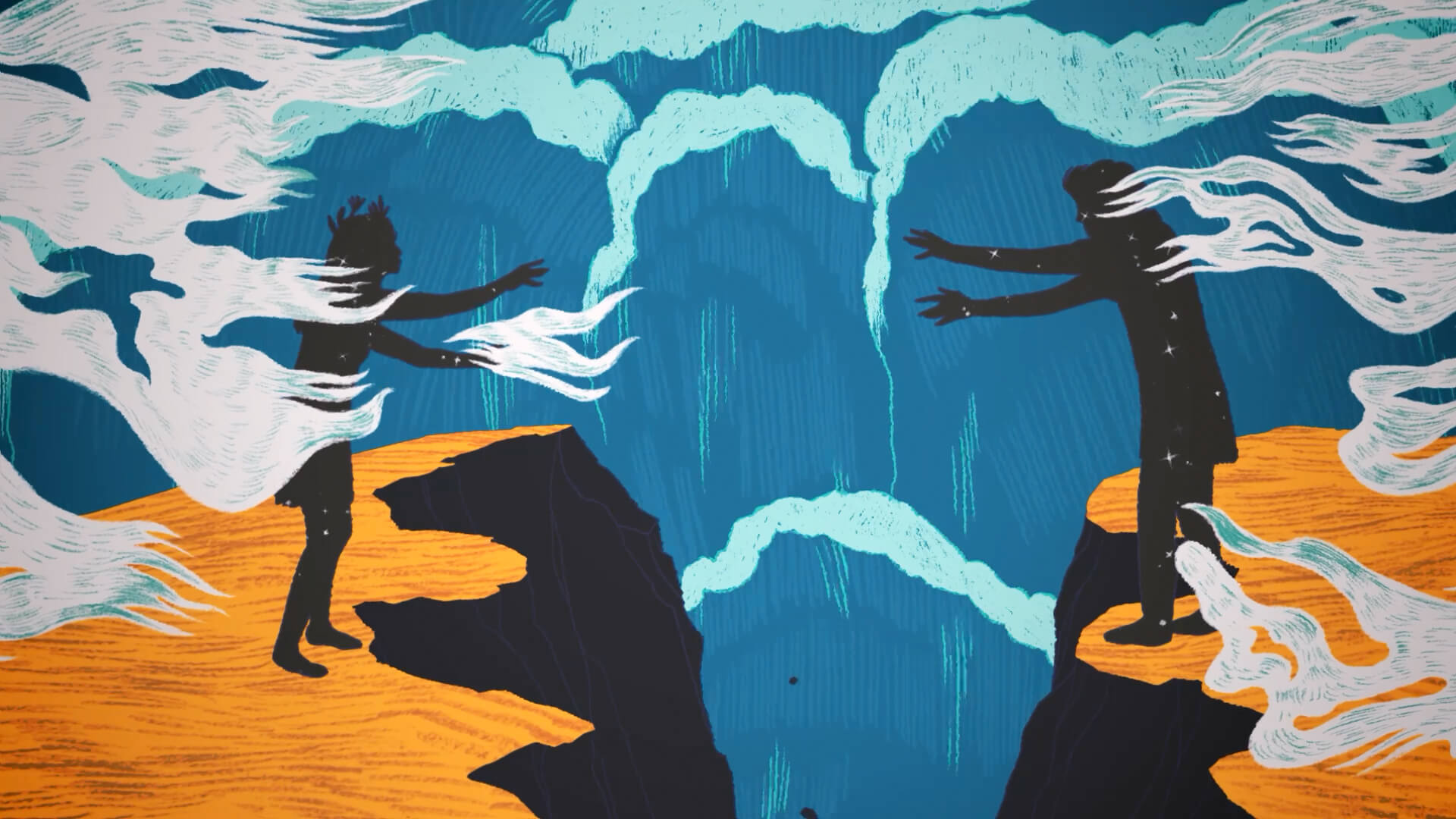 Ilustración de alto contraste, con dos siluetas enfrentadas en extremos opuestos de un paisaje dividido.
