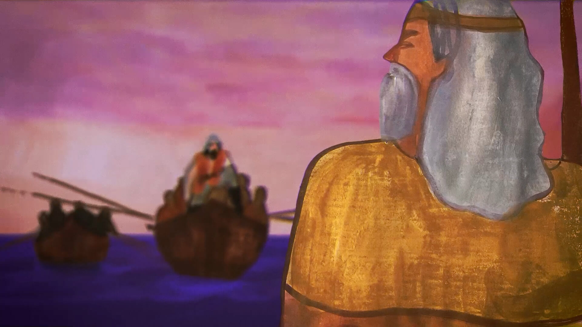 Ilustración digital pictórica con tonos cálidos, con una figura humana frente al mar con embarcaciones.