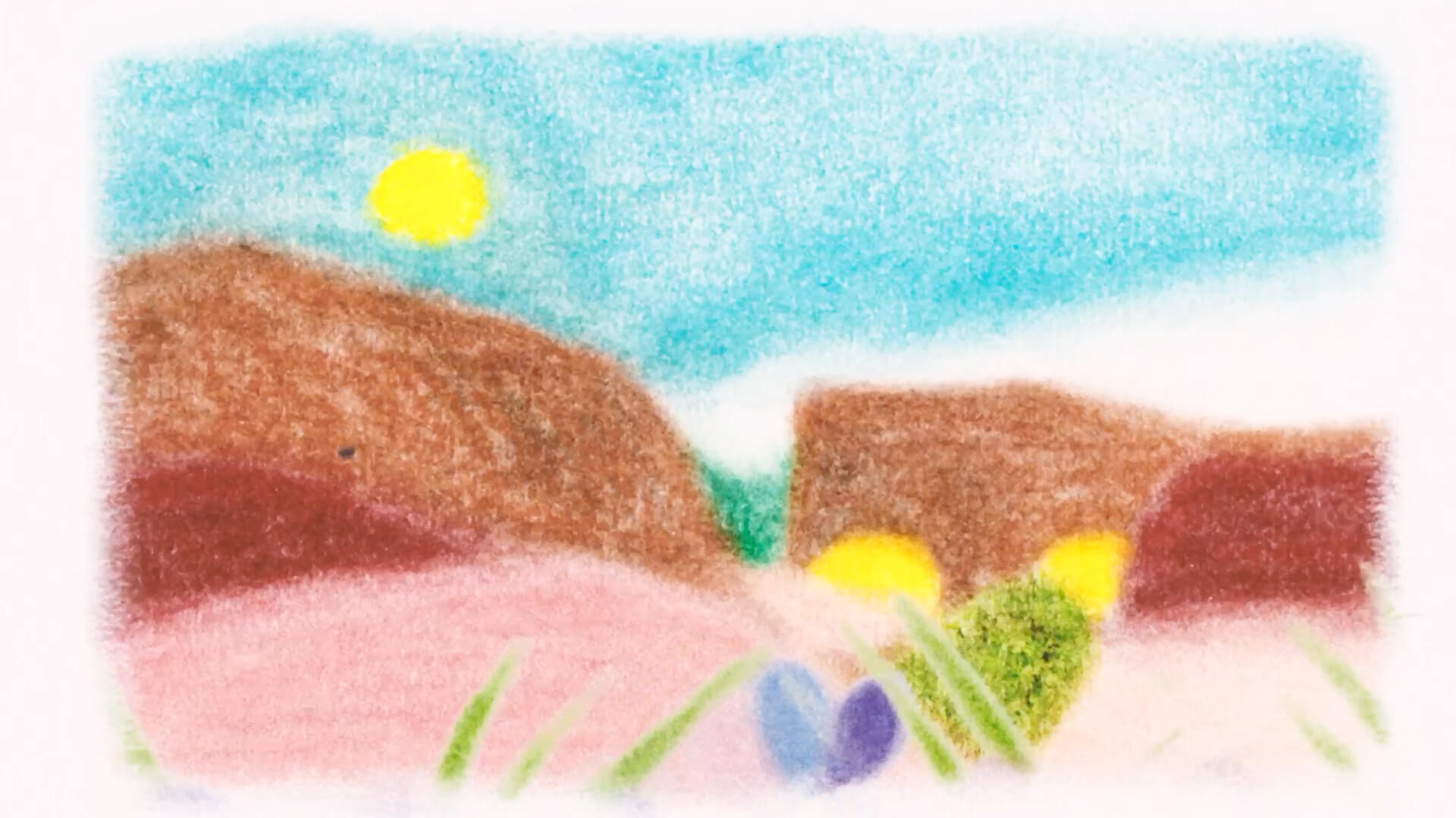 Ilustración de estilo pastel, con una pared alzada en un paisaje dividida por una grieta.