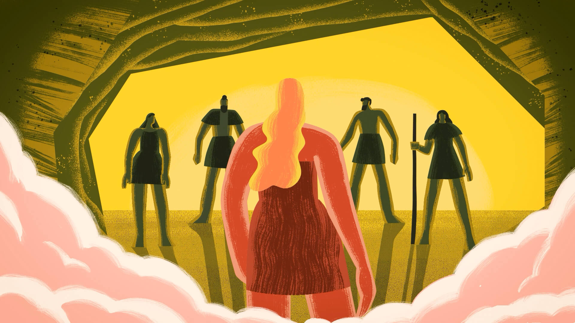 Ilustración de estilo gráfico de una cueva, con figuras humanas alineadas frente la princesa rodeada de humo.