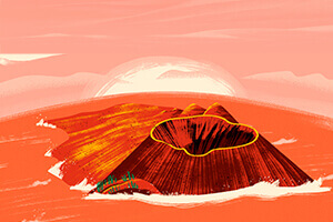Ilustración digital de estilo pictórico, con trazos expresivos que representan un volcán en tonos cálidos.