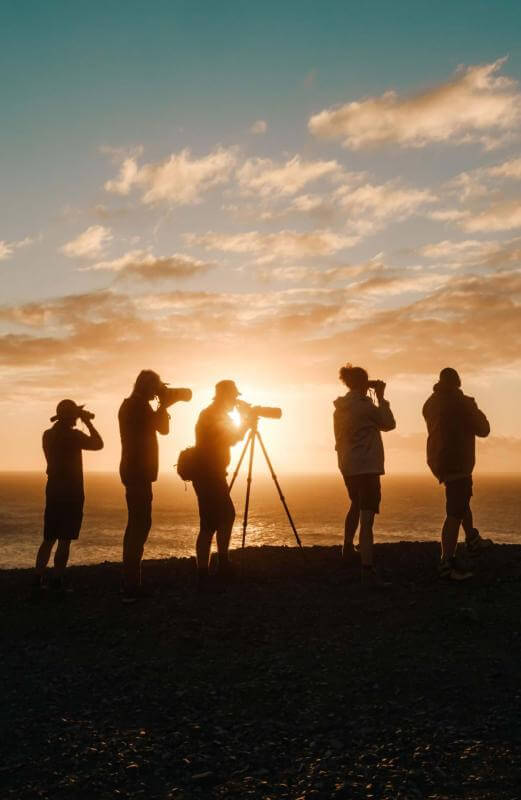 Siluetas al atardecer observando aves con prismáticos y cámara frente al océano Atlántico en Islas Canarias.