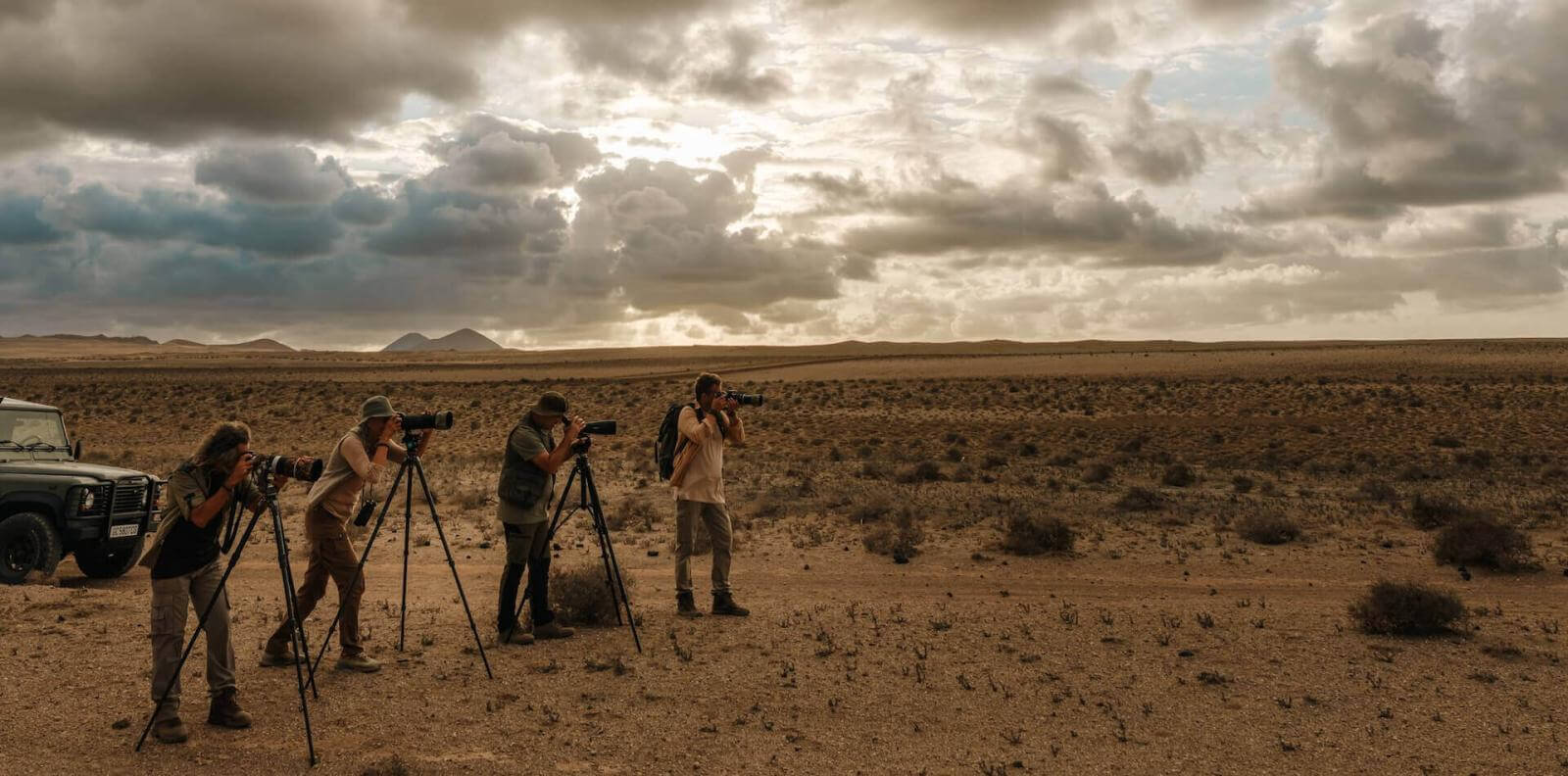 Cuatro personas fotografiando aves con teleobjetivos y trípodes en paisaje árido al atardecer.