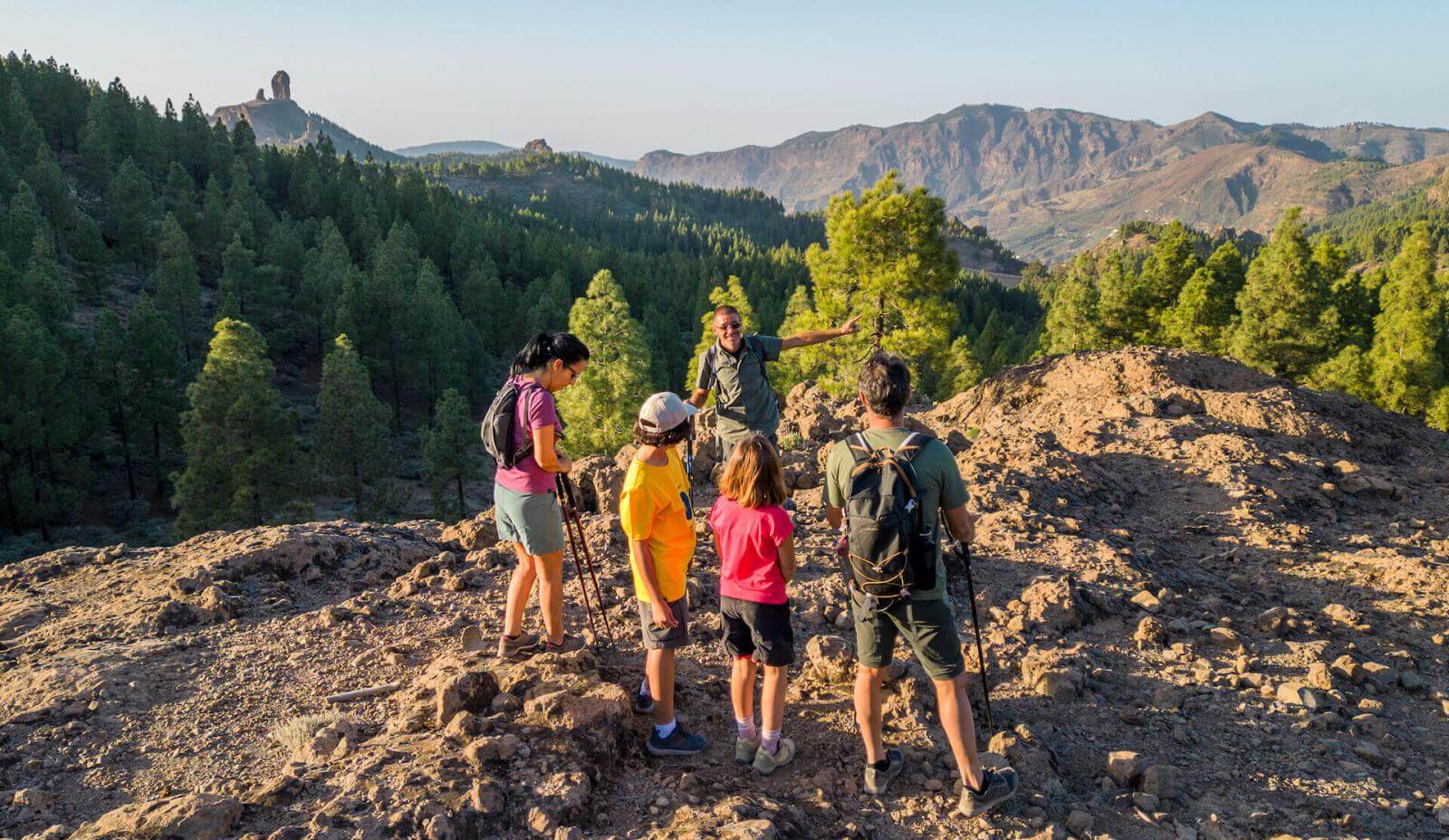 Excursión en grupo por el Parque Rural del Roque Nublo, entre suelo rocoso, pinar canario y el pico al fondo.