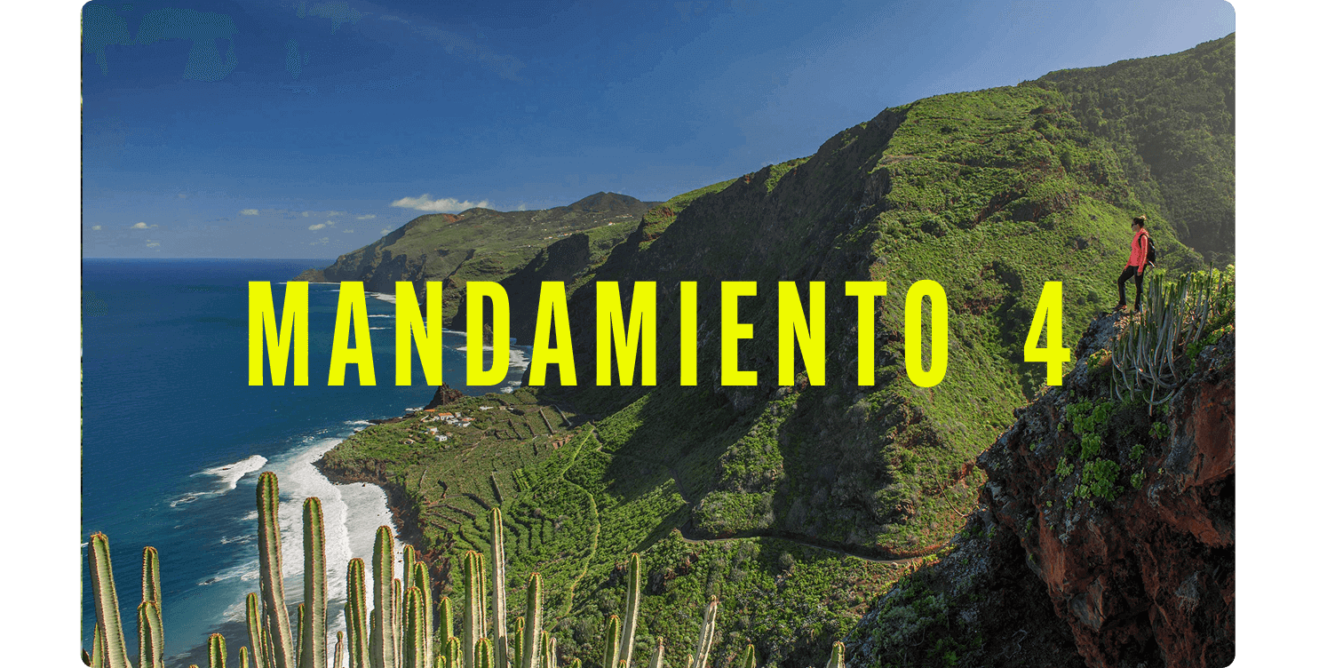 Persona en un mirador sobre un acantilado cubierto de vegetación, con vistas a montañas verdes y al mar.