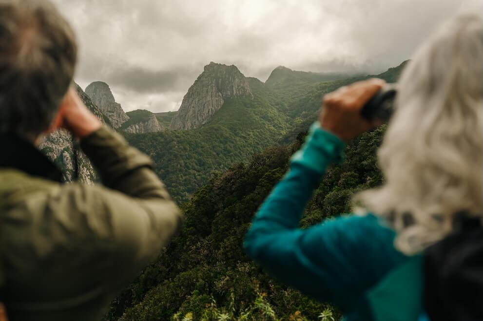 Personas observando aves con prismáticos frente a montañas cubiertas de bosque bajo cielo nublado.