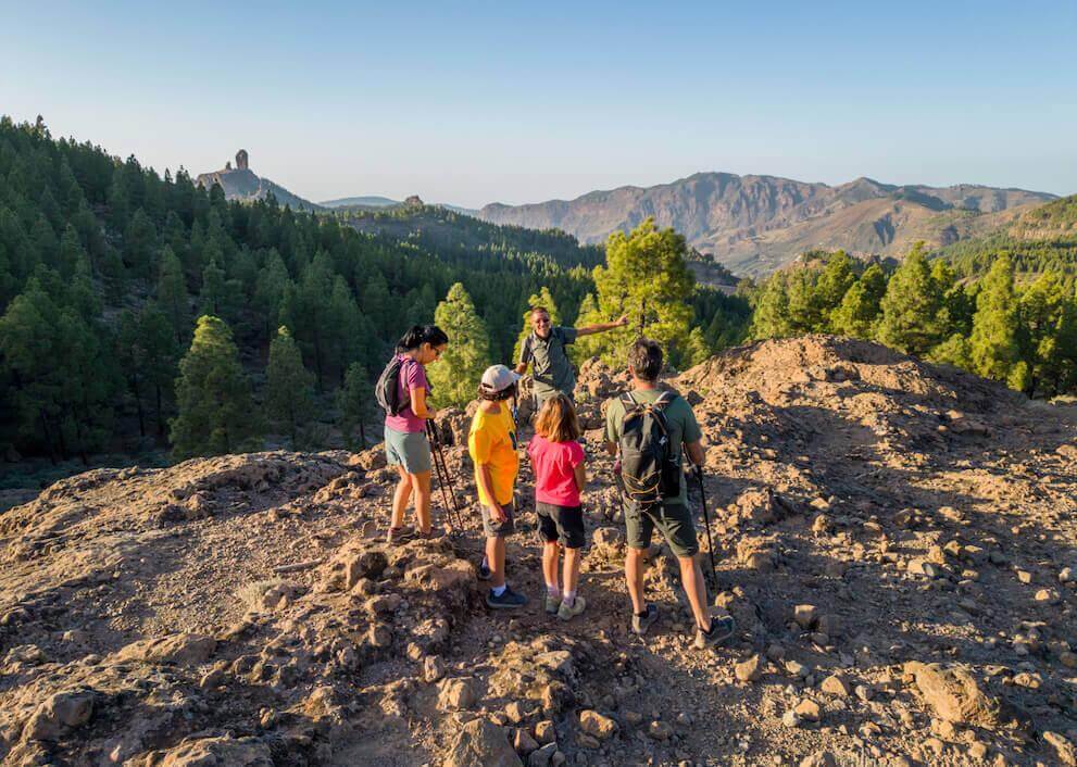 Excursión en grupo por el Parque Rural del Roque Nublo, entre suelo rocoso, pinar canario y el pico al fondo.