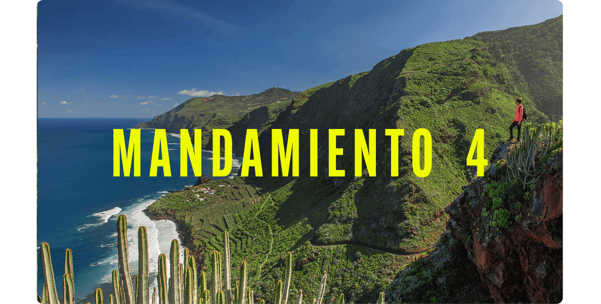 Persona en un mirador sobre un acantilado cubierto de vegetación, con vistas a montañas verdes y al mar.