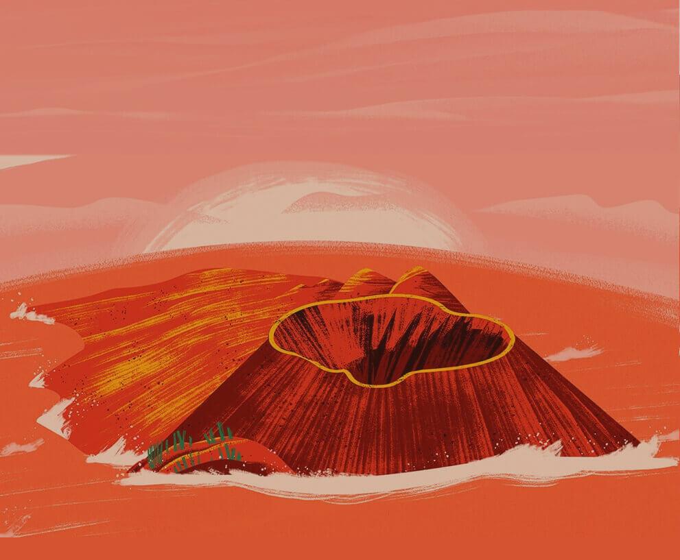 Ilustración digital de estilo pictórico, con trazos expresivos que representan un volcán en tonos cálidos.
