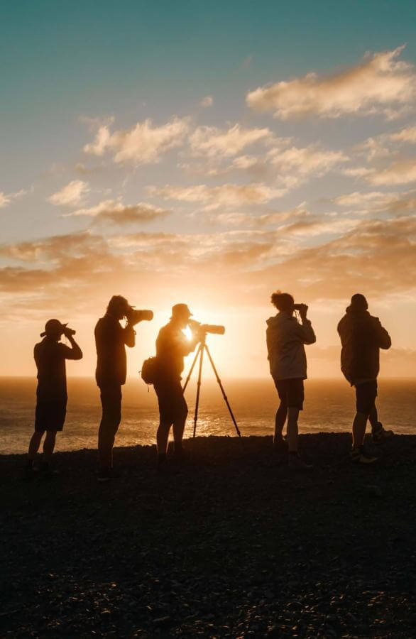 Siluetas al atardecer observando aves con prismáticos y cámara frente al océano Atlántico en Islas Canarias.